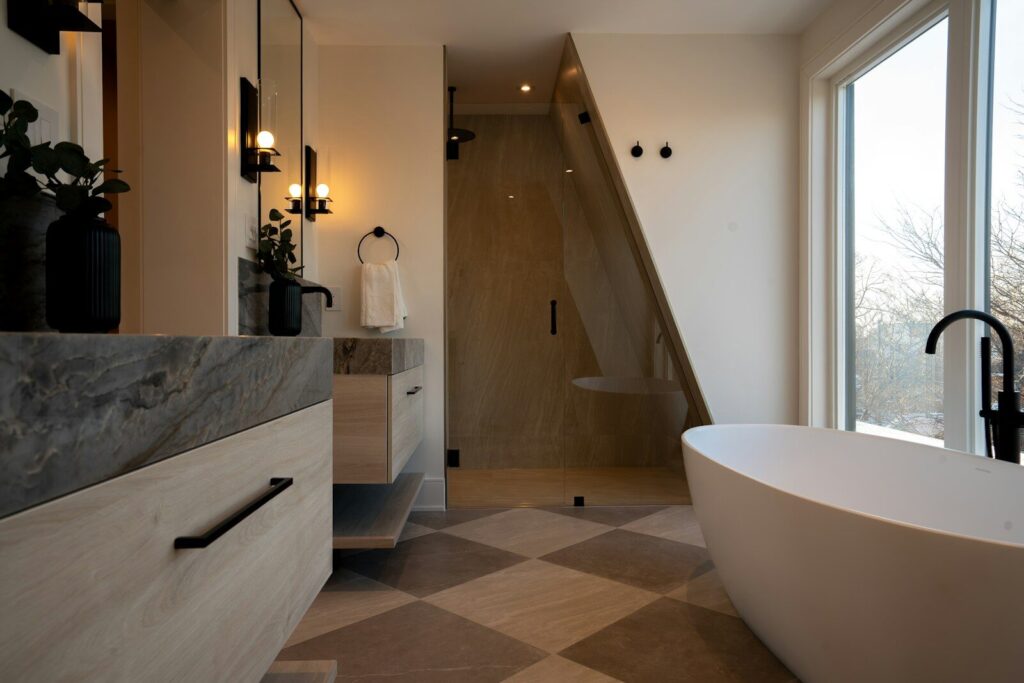 Modern bathroom with freestanding tub and double vanity